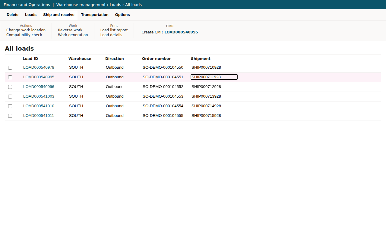 The Create CMR button in the D365 action pane on the All loads page.
