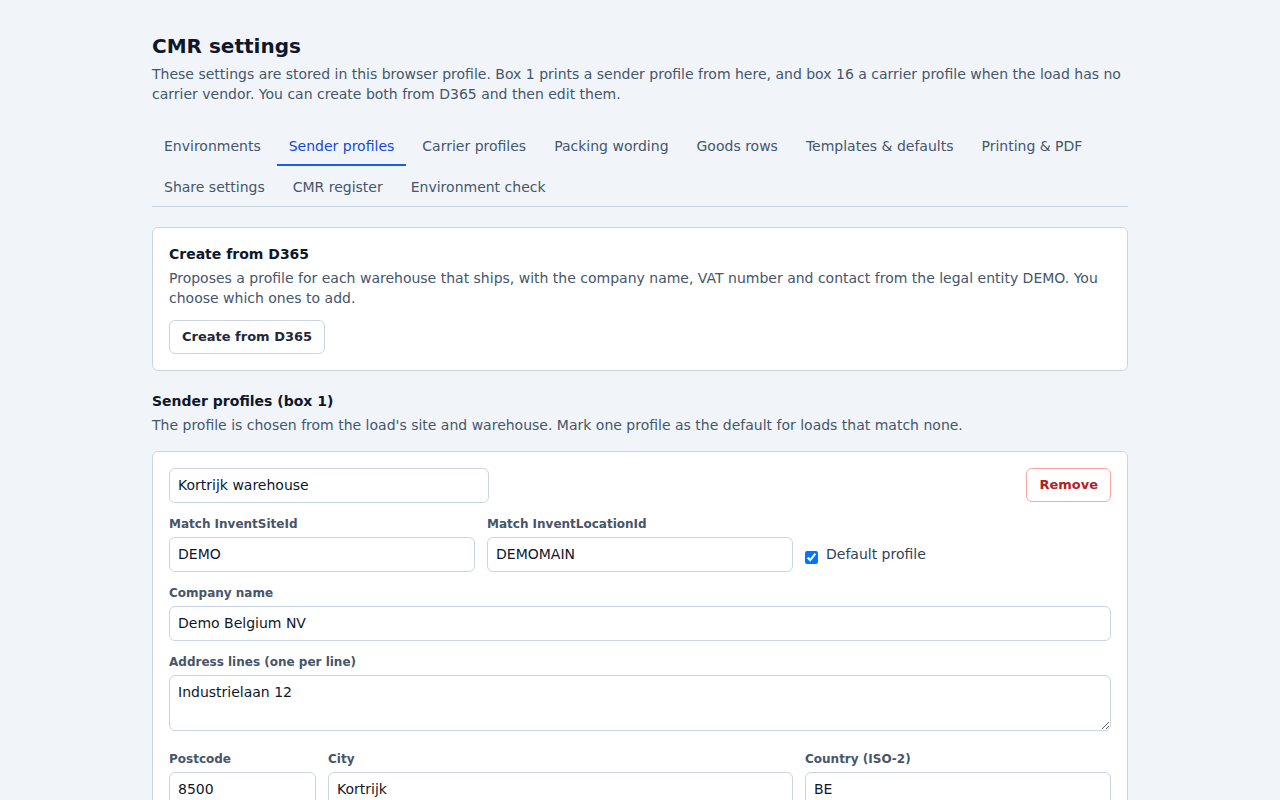 Sender profiles for box 1 in the settings.
